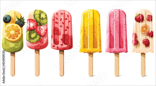 Set of various fruit ice cream, Sweet fruit ice cream stick, Frozen ice cream stick set, Delicious ice cream, Set of fruit popsicle, Ice, Ice Cream, Fruit, Sweet, Favor, Taste, Delicious, Cream