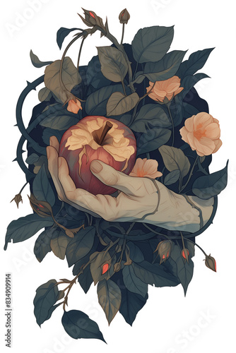Dead man's hand holds a poisoned apple, a scary fairy tale. Witchcore aesthetics, illustration clipart on a transparent background