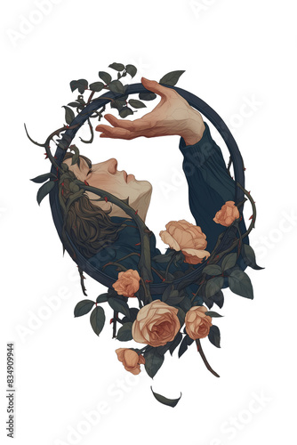 portrait of a woman witch in a round frame of rose branches, Witchcore aesthetics, illustration clipart on a transparent background