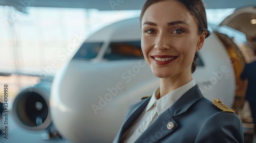 Smiling Flight Attendant in Uniform at Airport for Travel Advertisement © Khalis Mustapha
