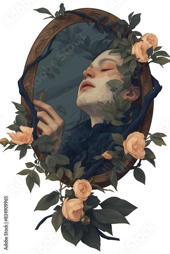 Reflection of a witch in an enchanted mirror, portrait of a girl in a flower frame, sleeping beauty, witchcore aesthetics, illustration clipart on a transparent background