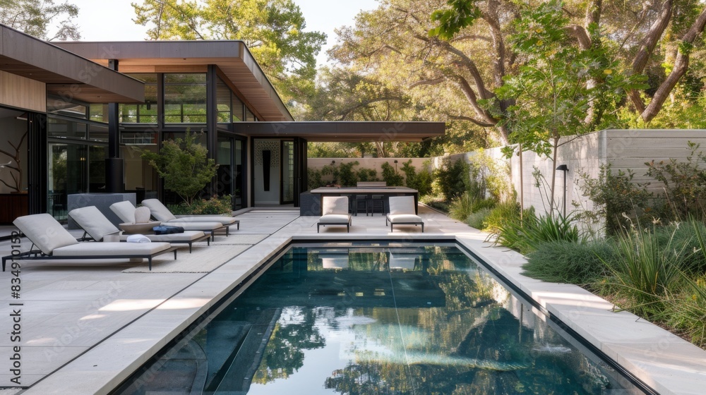 Fototapeta premium A minimalist-style backyard oasis with a swimming pool, lounge chairs, and minimalist landscaping, offering a serene and stylish outdoor retreat for relaxation and recreation