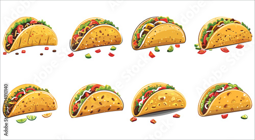 Taco Mexican tortilla wrap with chicken and vegetable, Mexican food tacos isolated on white background, Set of tasty taco, Taco vector illustration, Mexican taco
