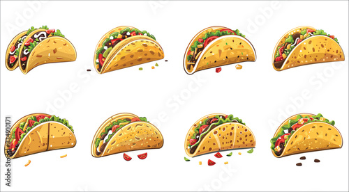 Taco Mexican tortilla wrap with chicken and vegetable, Mexican food tacos isolated on white background, Set of tasty taco, Taco vector illustration, Mexican taco