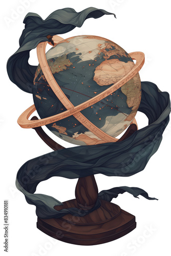 Globe, model of the planet earth shrouded in darkness, magical attribute, Witchcore aesthetics, illustration clipart on a transparent background