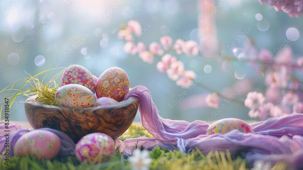 A full basket of colorful Easter Eggs on outdoor lawn with beautiful flowers A full basket of colorful Easter Eggs on outdoor lawn with beautiful flowers