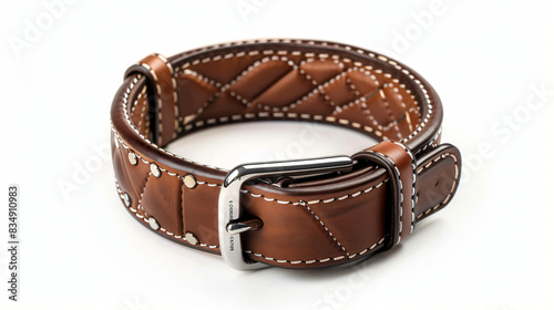 Brown leather dog collar isolated on white top view