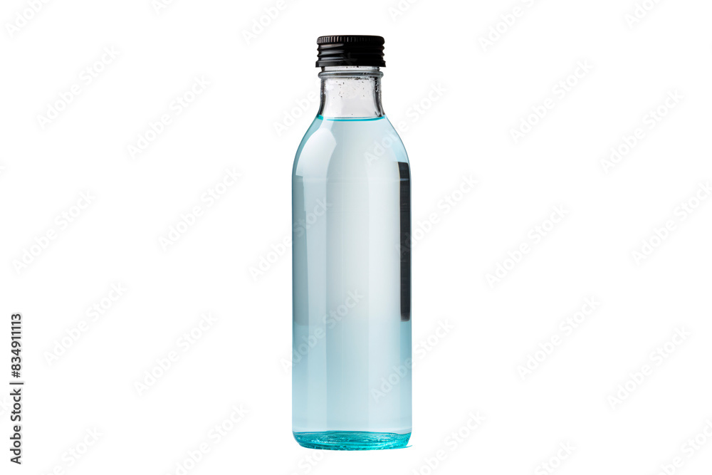 a bottle of water with a black cap a bottle of water with a black cap