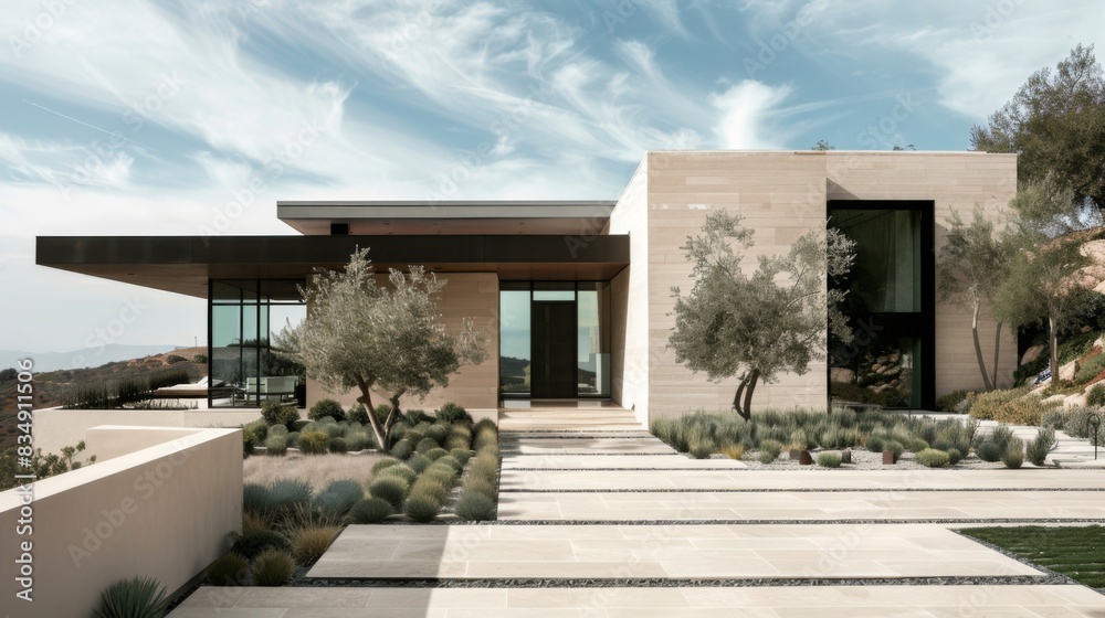 Fototapeta premium A minimalist-style exterior facade with clean lines, neutral colors, and minimalist landscaping, creating a harmonious blend of form and function.