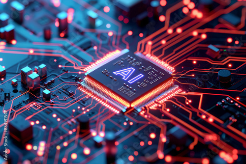 AI computer chip motherboard illustration. Artificial intelligence microchip.