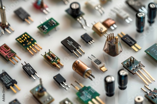 A diverse collection of electronic components scattered on a surface. photo