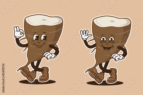 set of cassava mascot character with retro style, groovy style, vintage mascot, character food mascot