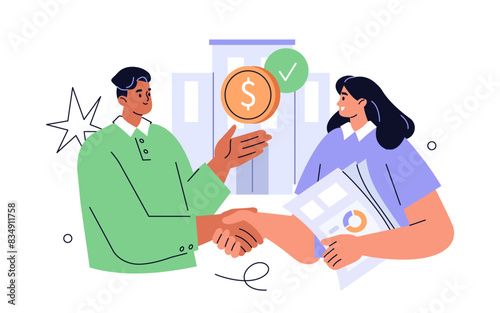 Business people making handshake to close company merger and acquisition deal. Stakeholders agreement, offer, company selling and expansion finance concept. Vector illustration.