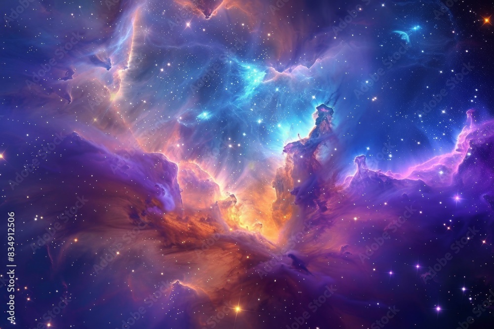 A mesmerizing nebula with vibrant hues of blue, purple, and orange. The gas and dust clouds create intricate, ethereal shapes illuminated by distant starlight, forming a breathtaking celestial scene. A mesmerizing nebula with vibrant hues of blue, purple, and orange. The gas and dust clouds create intricate, ethereal shapes illuminated by distant starlight, forming a breathtaking celestial scene.