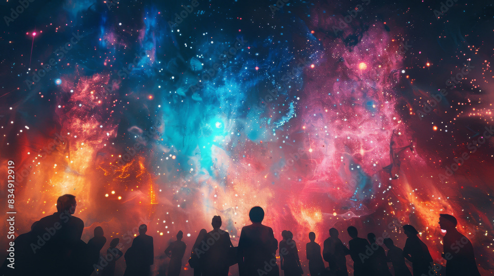 Silhouetted crowd gazes in wonder at a vibrant, star-filled cosmic display, blending vivid colors in a mesmerizing night sky. Silhouetted crowd gazes in wonder at a vibrant, star-filled cosmic display, blending vivid colors in a mesmerizing night sky.