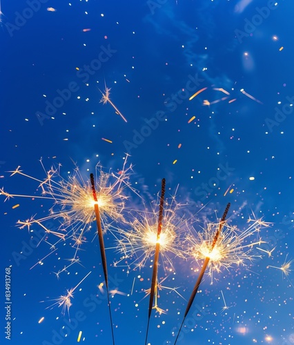 three sparklers on a blue background.  holiday concept. Copy space 