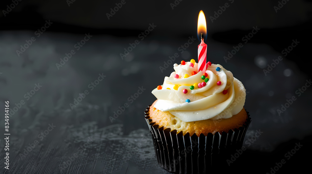 Sweet and festive birthday cupcake with a solitary candle, ideal for birthday celebrations Sweet and festive birthday cupcake with a solitary candle, ideal for birthday celebrations