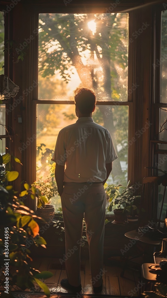A man standing in front of a window looking out at the sun shining through the trees