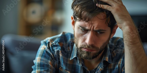 A man is holding his head in his hand and looking down with a sad expression on his face. photo