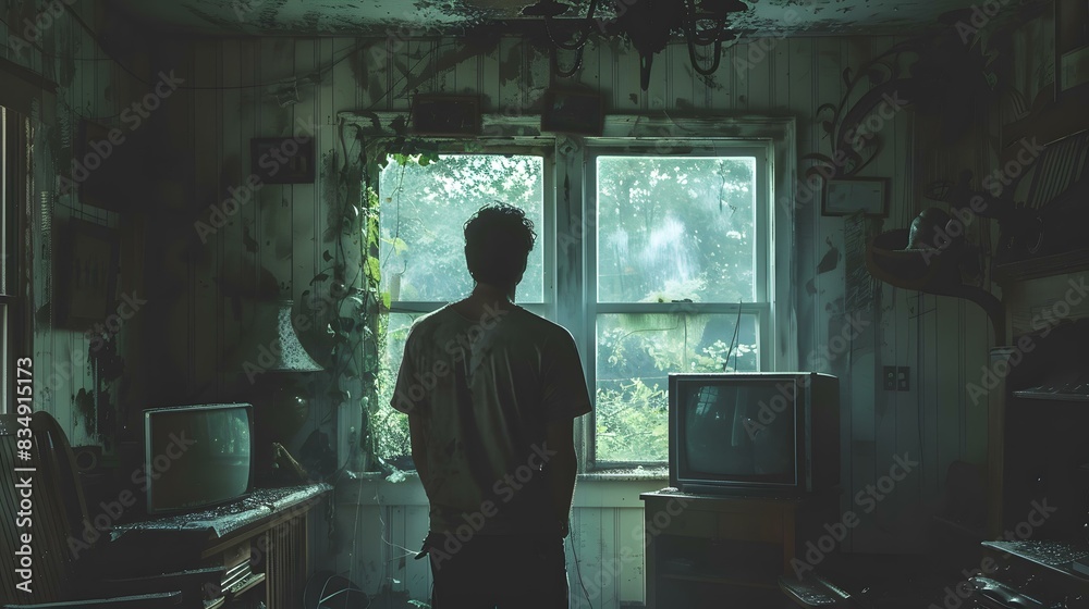 man standing in a room with broken windows man standing in a room with broken windows