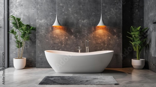 Modern Bathroom Interior with Freestanding Bathtub and Pendant Lights