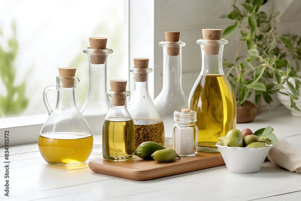 Group of bottles of oil and olives on a background Group of bottles of oil and olives on a background