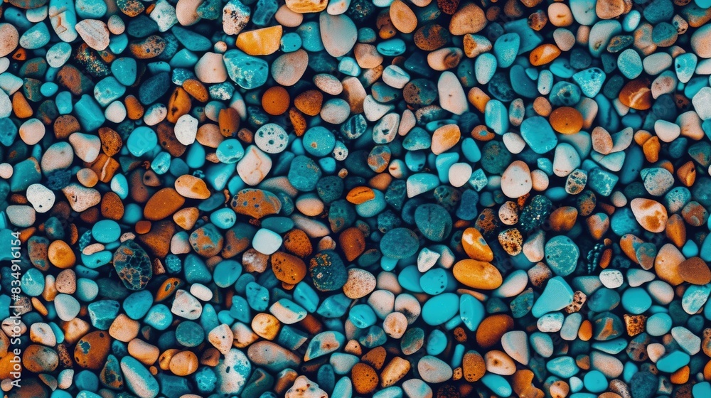 colorful pebbles scattered on the beach, with a background composed of blue and turquoise sea stones, evoking a sense of tranquility and natural beauty. colorful pebbles scattered on the beach, with a background composed of blue and turquoise sea stones, evoking a sense of tranquility and natural beauty.