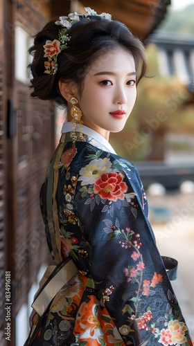 Portrait of a beautiful Korean woman in traditional Hanbok dress © duyina1990