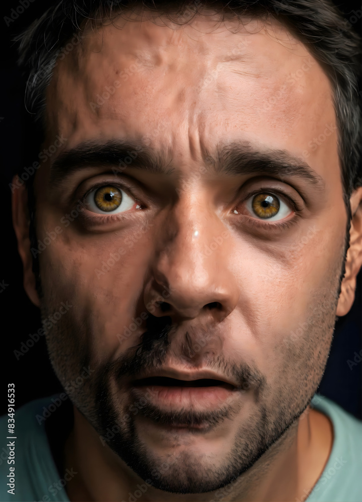 Close-up of scared worried fearful man face or fear stunned scary facial expression of guy with surprised wide eyes and speechless amazed glance Close-up of scared worried fearful man face or fear stunned scary facial expression of guy with surprised wide eyes and speechless amazed glance