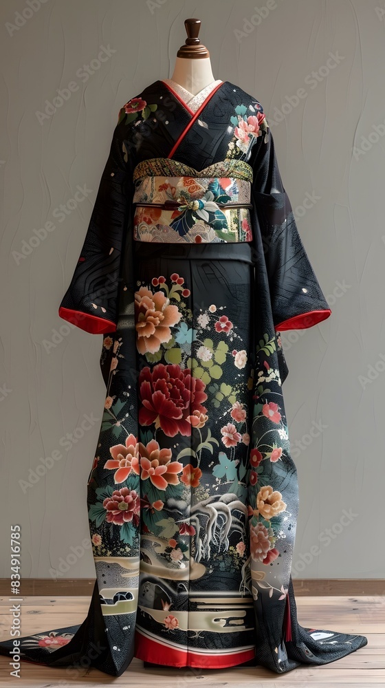 Black and Red Japanese Kimono with Floral Pattern Black and Red Japanese Kimono with Floral Pattern