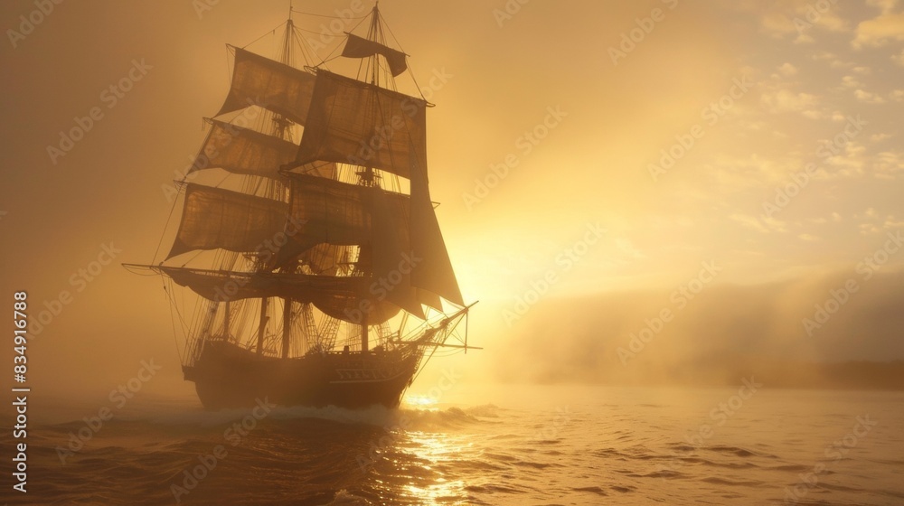 Sailing ship in sea water at sunset.