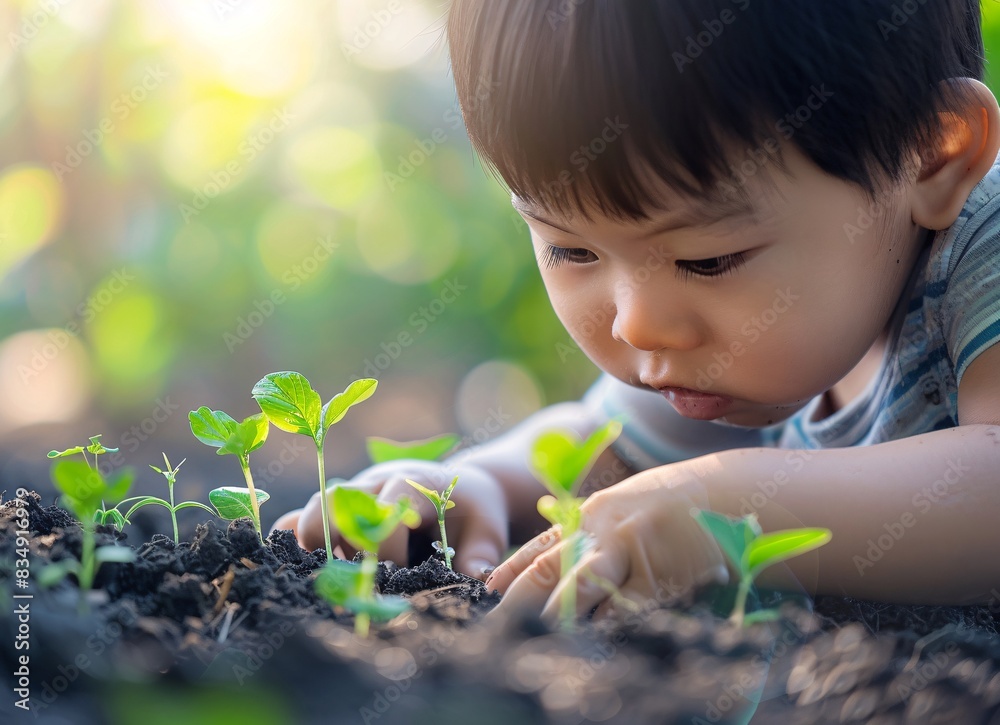 a child touching a small plant a child touching a small plant