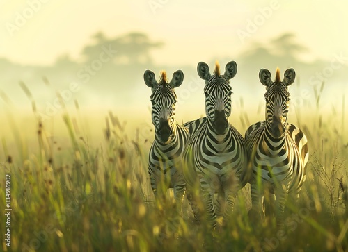 a group of zebras standing in tall grass