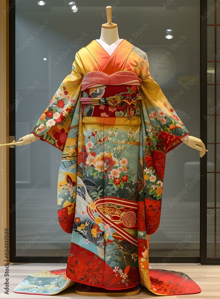 Naklejka premium A kimono with a floral pattern and a red obi sash