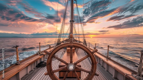 Deck view with ship wheel from a sailing ship with beautiful seascape at sunset.