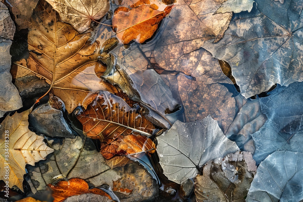 Artistic Collage of Translucent Autumn Leaves in a Mosaic of Warm and Cool Tones Artistic Collage of Translucent Autumn Leaves in a Mosaic of Warm and Cool Tones