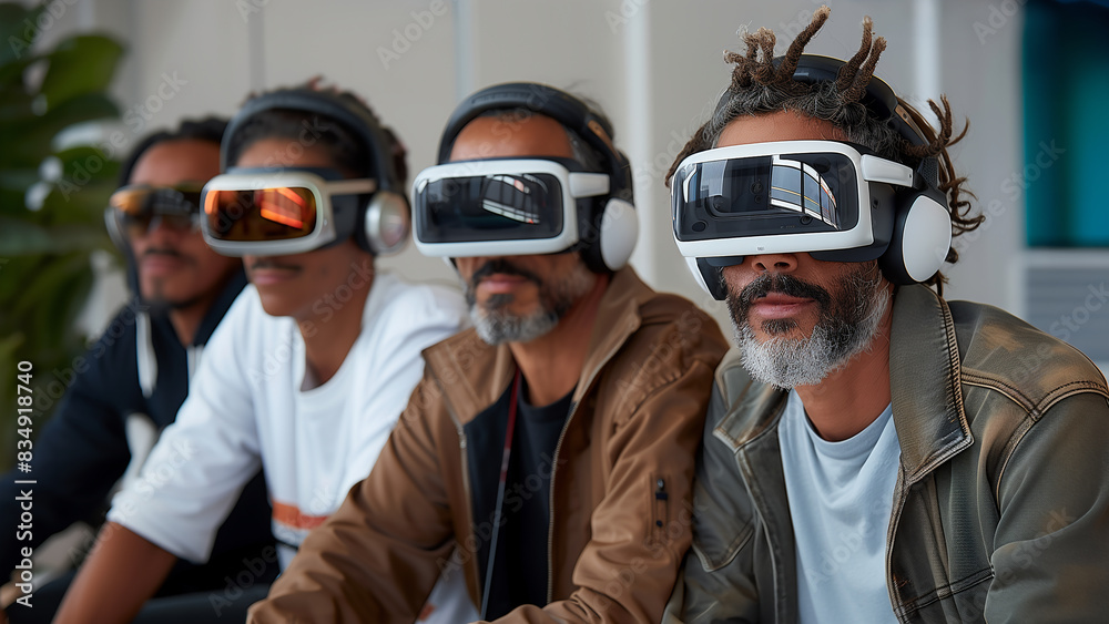 artistic people, wearing VR headsets. dressed in casual attire, seated side by side in a modern room, suggesting an artistic collaborative virtual experience