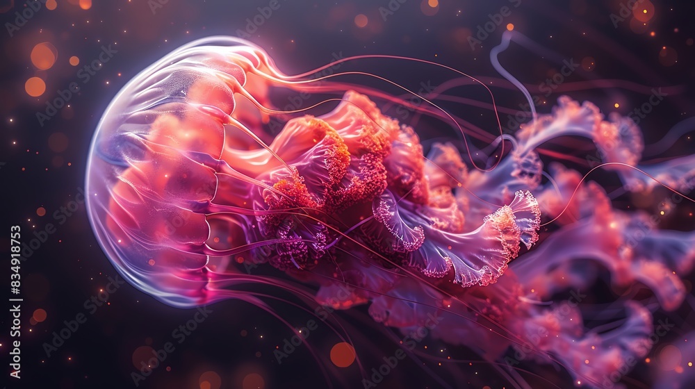 Fototapeta premium Close-up of a glowing pink jellyfish in the ocean.