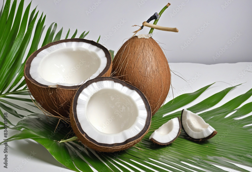 Exotic Tropical Coconut Frame with Copy Space Over Green Palm Leaf Background Exotic Tropical Coconut Frame with Copy Space Over Green Palm Leaf Background