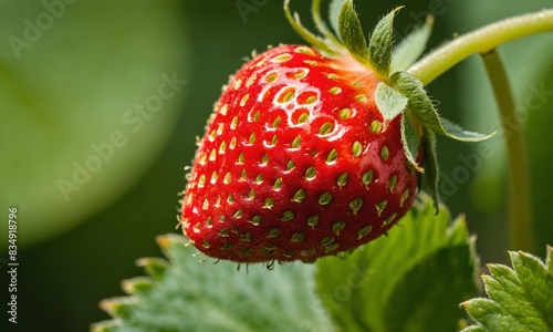 Close up of a ripe strawberry on a green vine