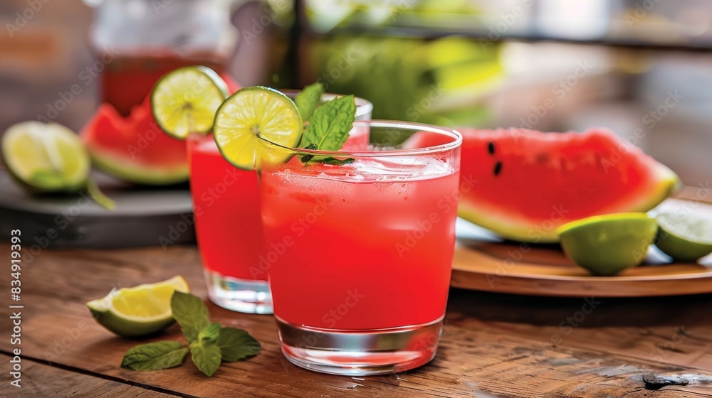 Watermelon juice with lime wedges and mint leaves, health drink, natural juice AI generative illustration Watermelon juice with lime wedges and mint leaves, health drink, natural juice AI generative illustration