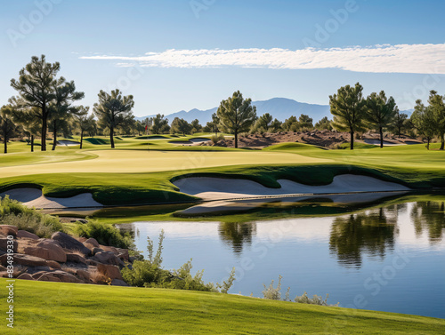 a golf course with water and trees