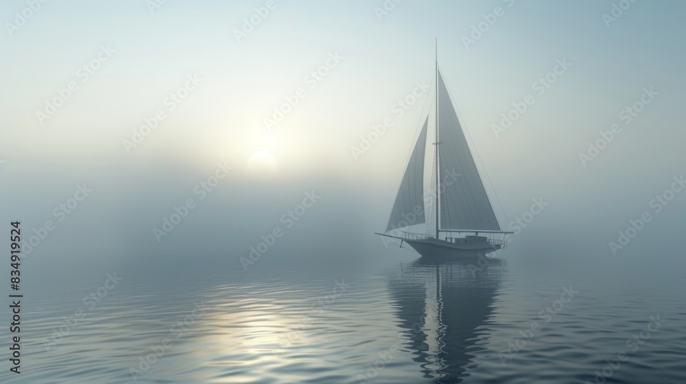 Sailing ship in sea water in heavy fog. Sailing ship in sea water in heavy fog.