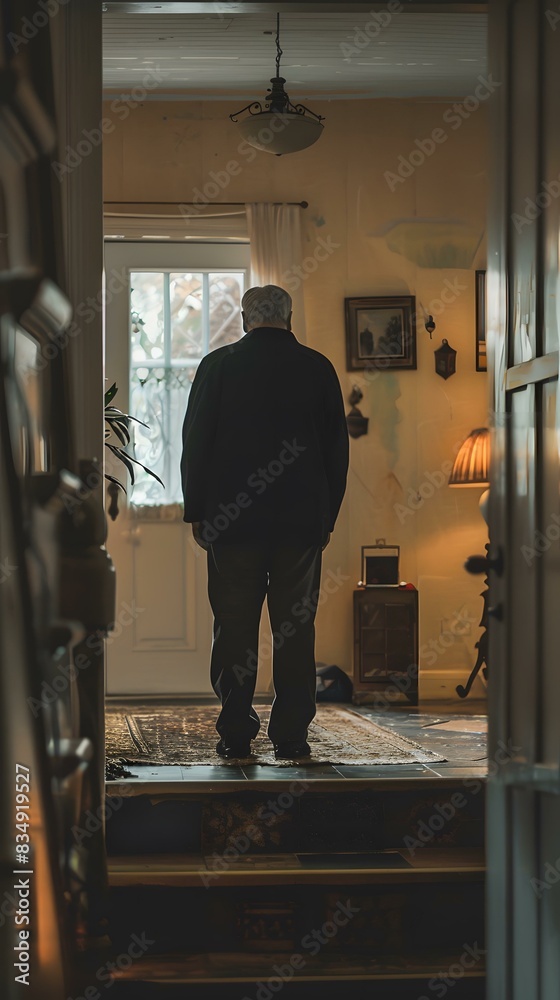 An old man standing in the doorway of his home, looking out at the world. An old man standing in the doorway of his home, looking out at the world.