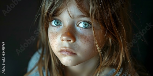 Portrait of a young girl with freckles and blue eyes
