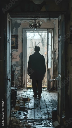 Silhouette of a Man Standing in an Abandoned House Looking Out a Doorway