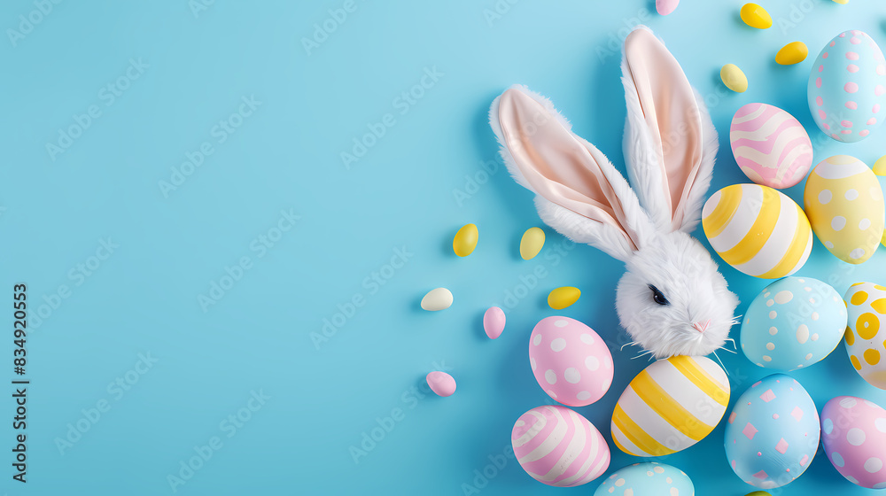 Easter Party Concept: Top View Photo of Easter Bunny Ears, Easter Eggs, Pastels on Light Blue Background Easter Party Concept: Top View Photo of Easter Bunny Ears, Easter Eggs, Pastels on Light Blue Background