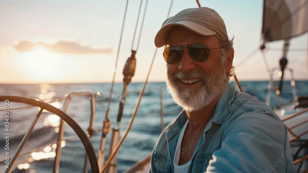 Portrait of a ship captain with boat Portrait of a ship captain with boat
