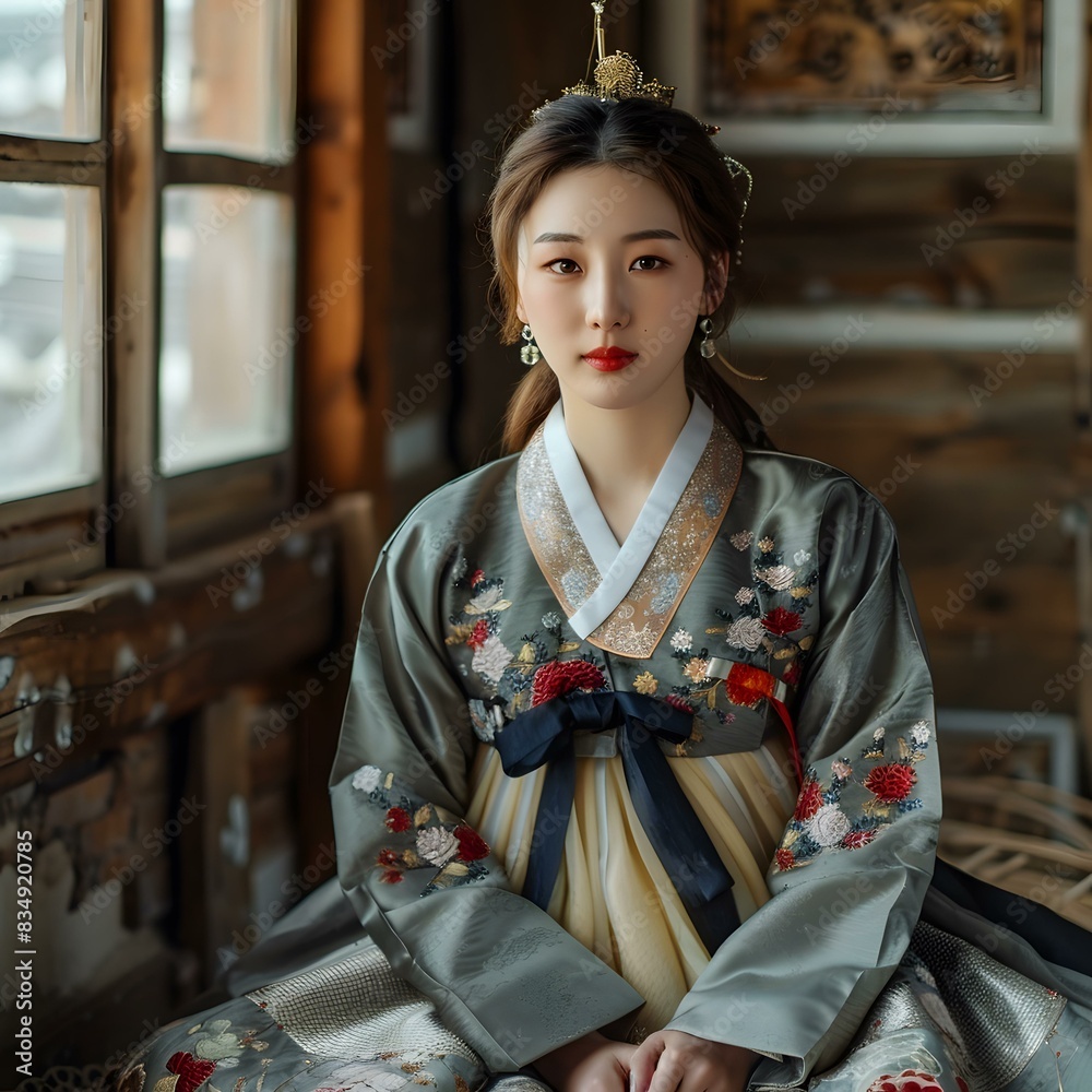 Fototapeta premium Portrait of a young woman in traditional Korean dress, the hanbok