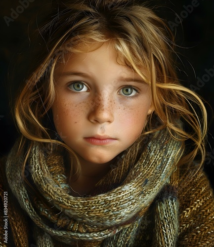 portrait of a young girl with freckles and green eyes photo